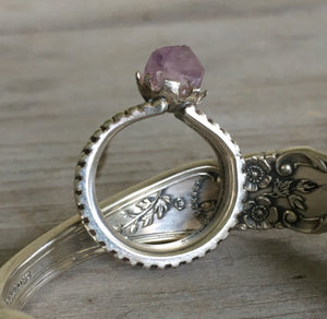Inside view of handmade spoon ring with raw amethyst centerpiece