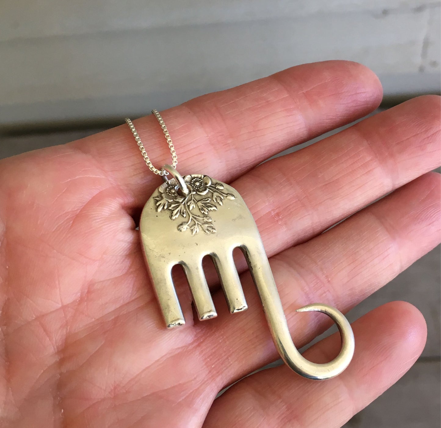 Sterling Silver Fork Elephant Necklace from Gorham Buttercup Sterling Silverware Pattern Shown in Hand for Scale