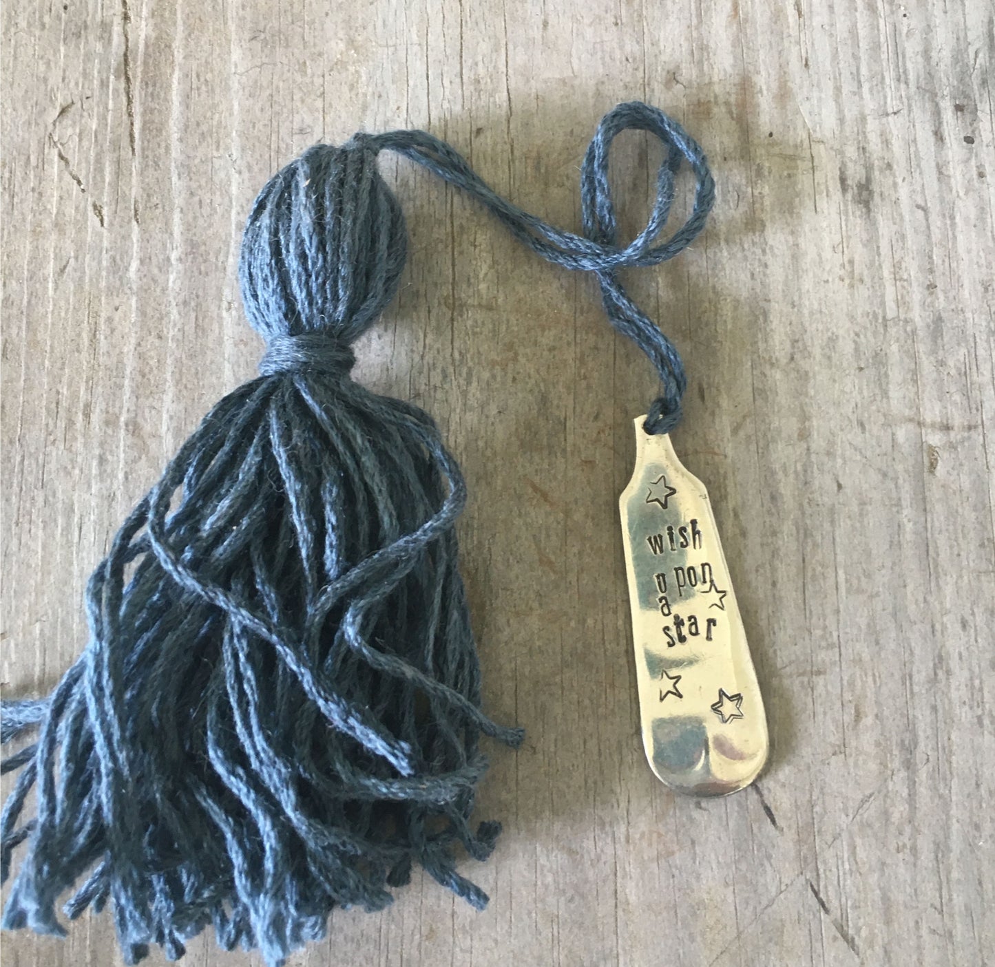Upcycled vintage silverware bookmark hand-stamped WISH UPON A STAR with midnight blue tassel