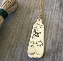Closeup of Oh the Places You'll Go by Dr. Seuss Hand Stamped Upcycled Silverware bookmark with tassel