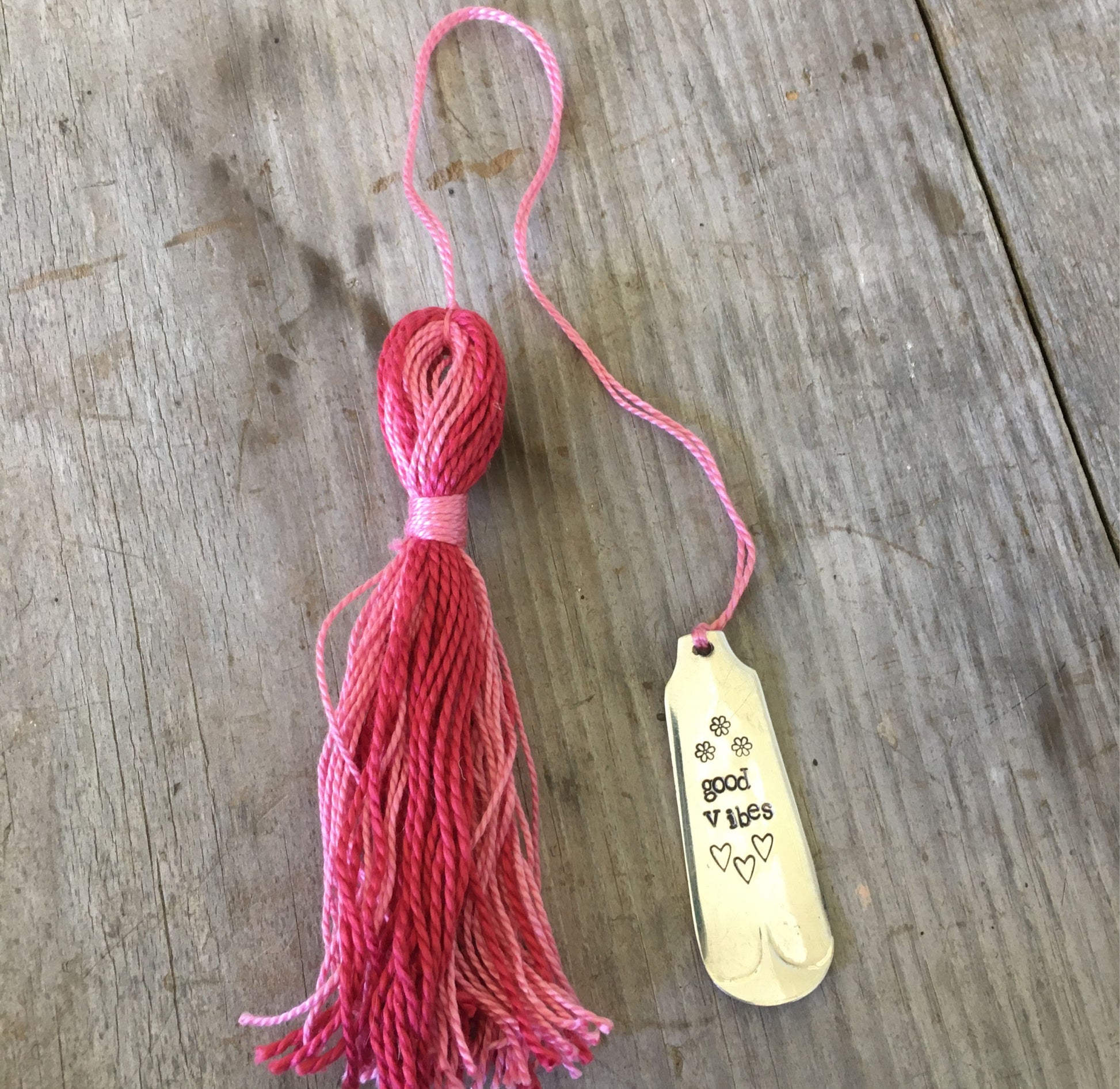 Hand Stamped Upcycled Silverware handle bookmark with hearts and flowers good vibes