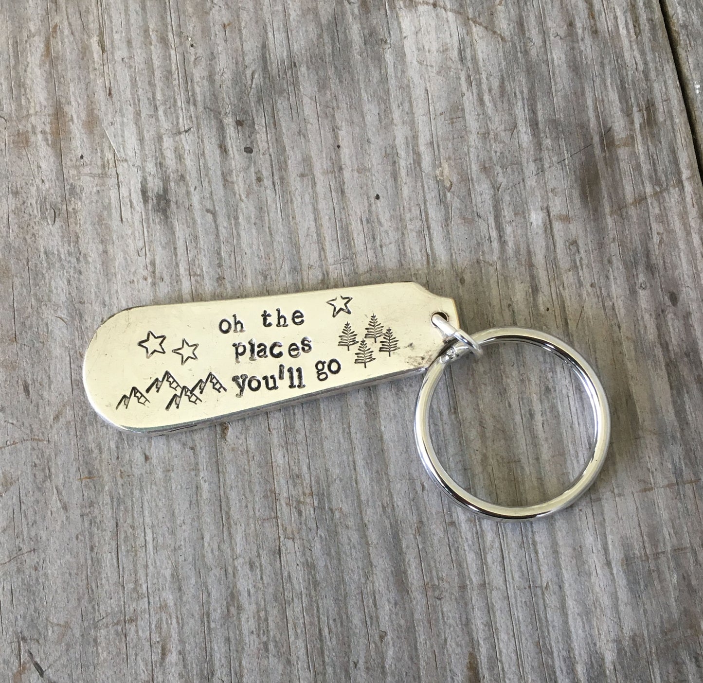 Oh The Places You'll Go hand-stamped spoon keychain handcrafted from upcycled vintage silverware graduation gift