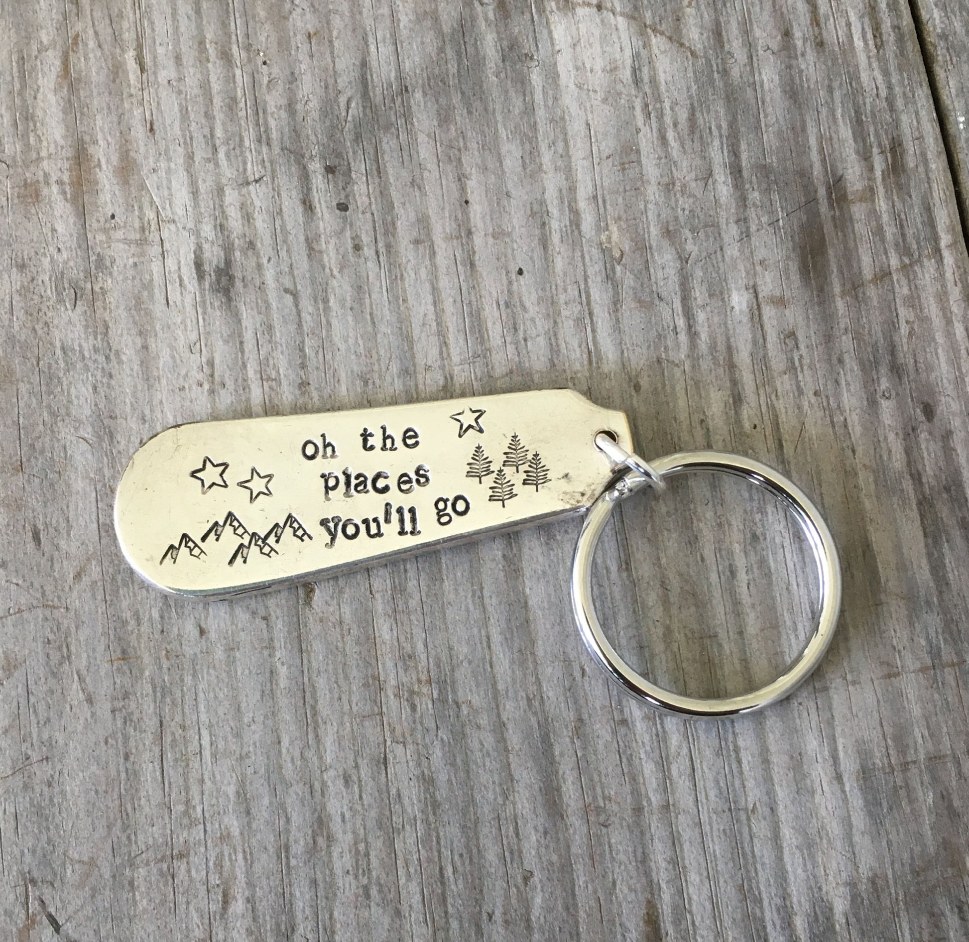 Oh The Places You'll Go hand-stamped spoon keychain handcrafted from upcycled vintage silverware graduation gift