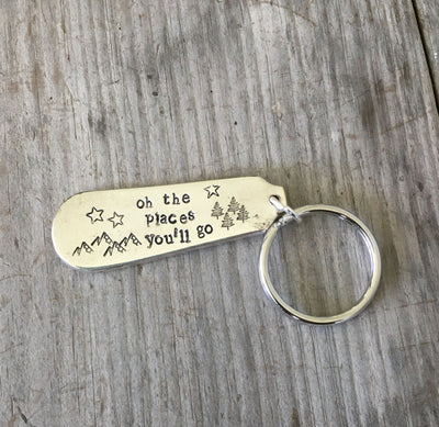 Oh The Places You'll Go hand-stamped spoon keychain handcrafted from upcycled vintage silverware graduation gift