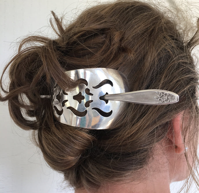 Cake Server Stick Barrette Shown in Model Hair