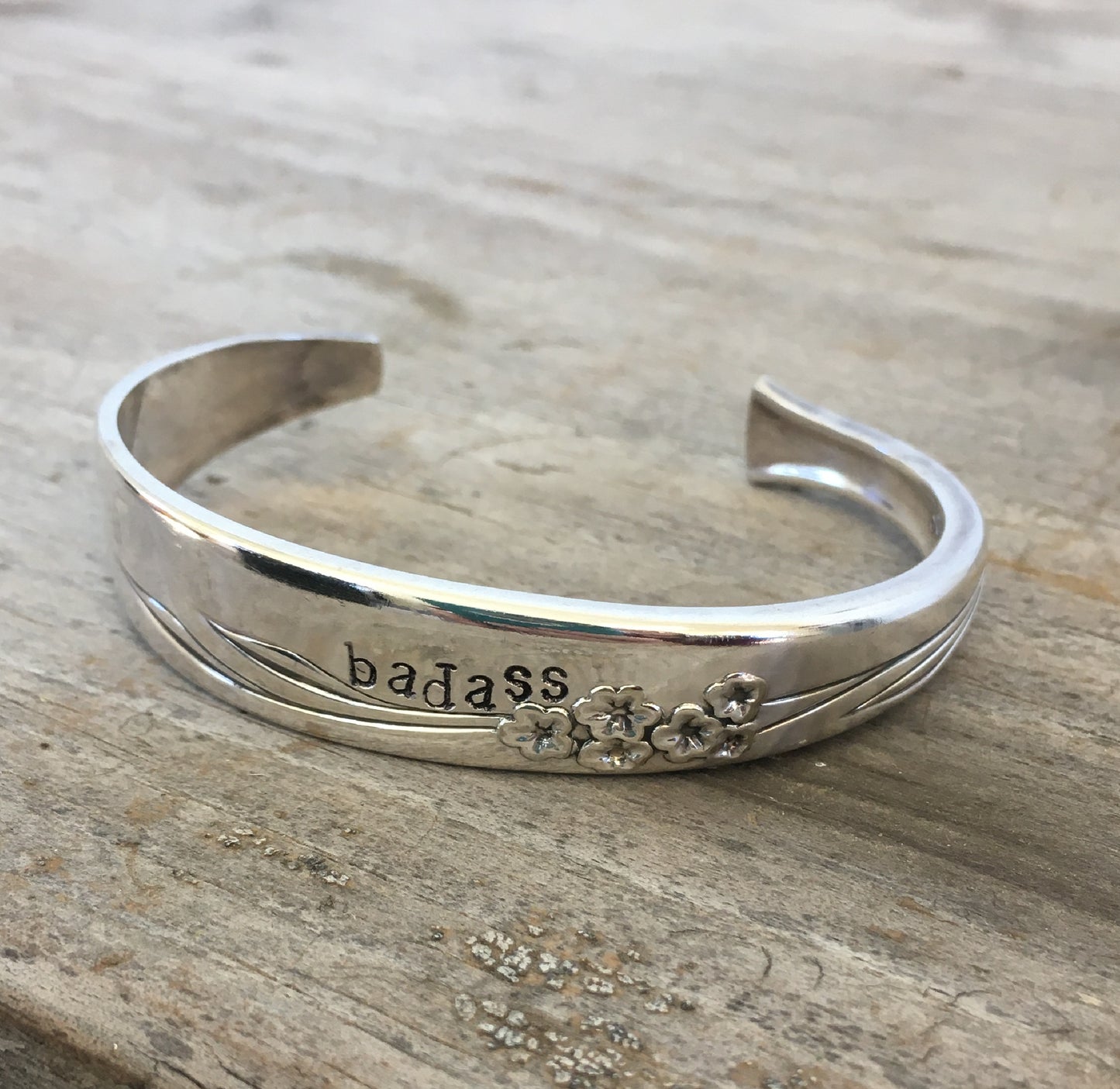 BADASS Stamped Spoon Cuff Bracelet Gentle Rose Pattern