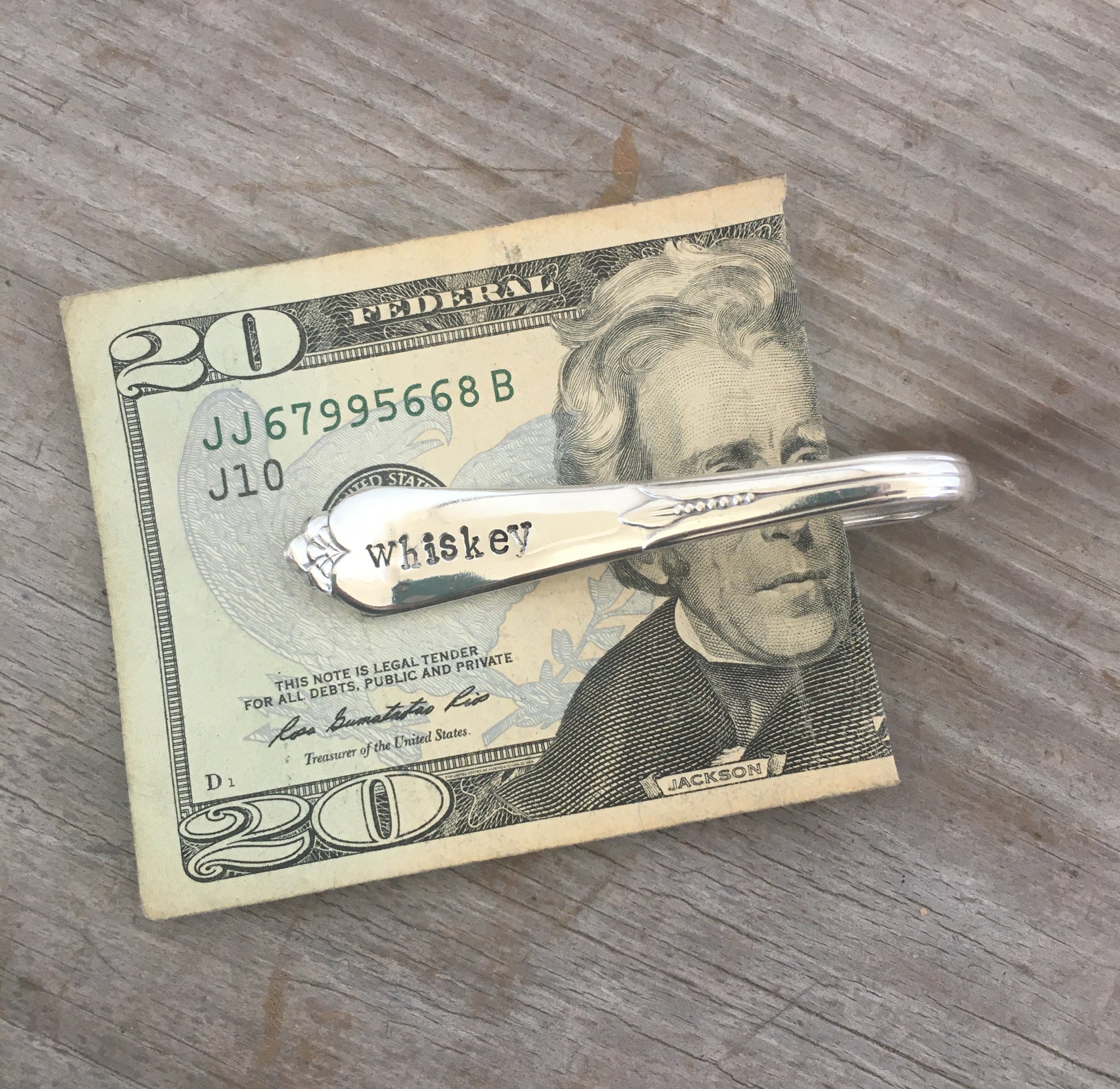 Hand Stamped Spoon Money Clip WHISKEY