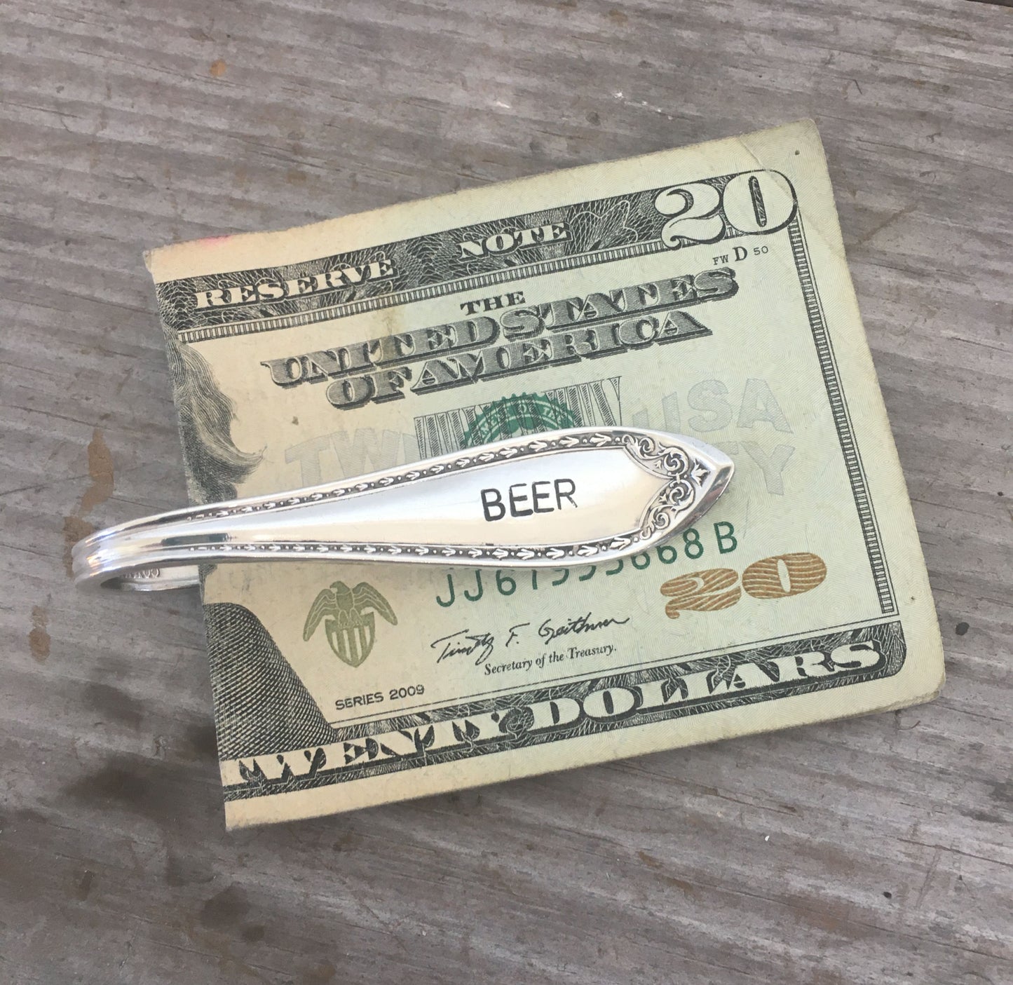 Spoon MOney Clip Hand Stamped BEER