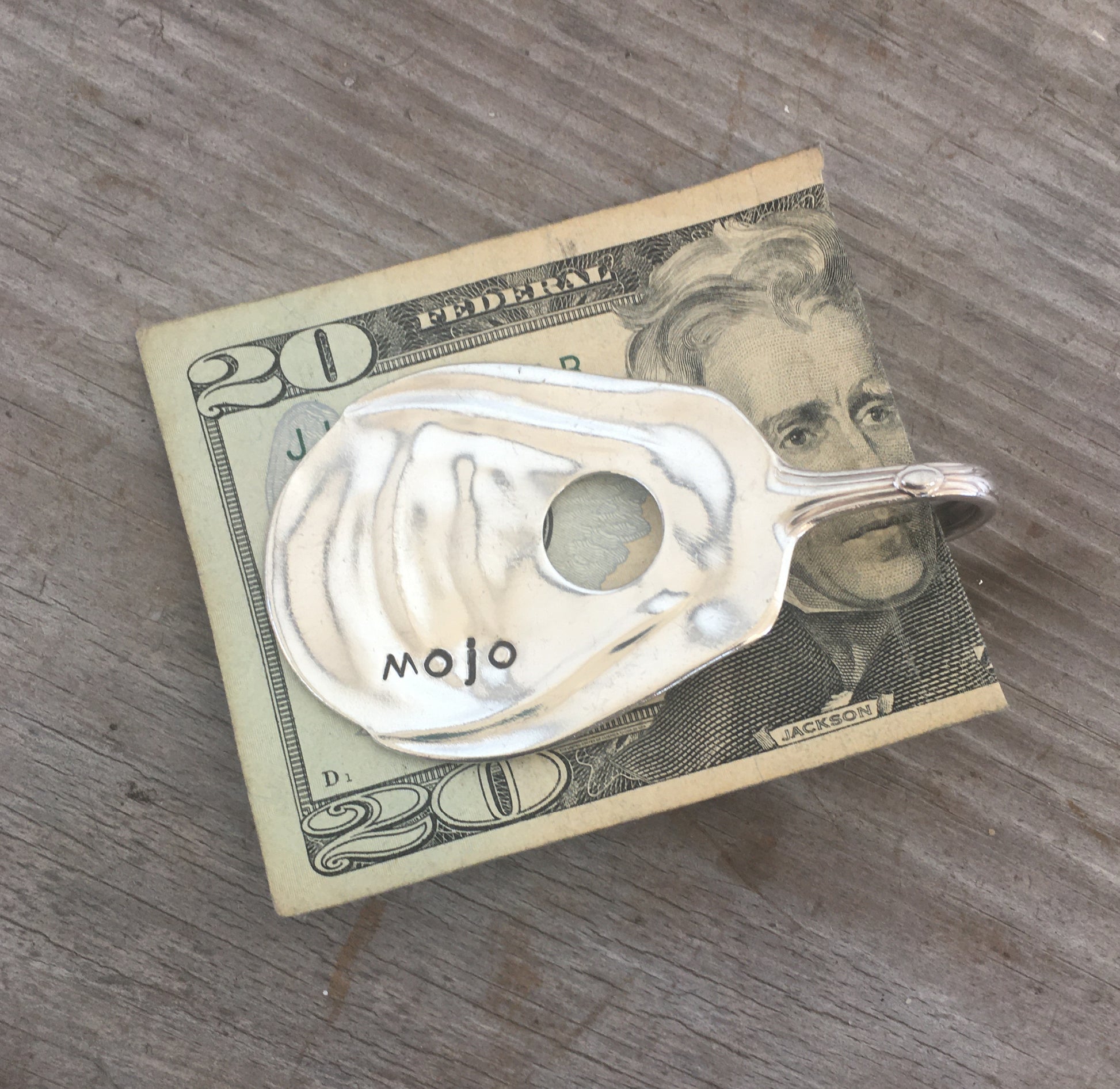 Upcycled vintage spoon guitar-shaped money clip stamped MOJO - front view