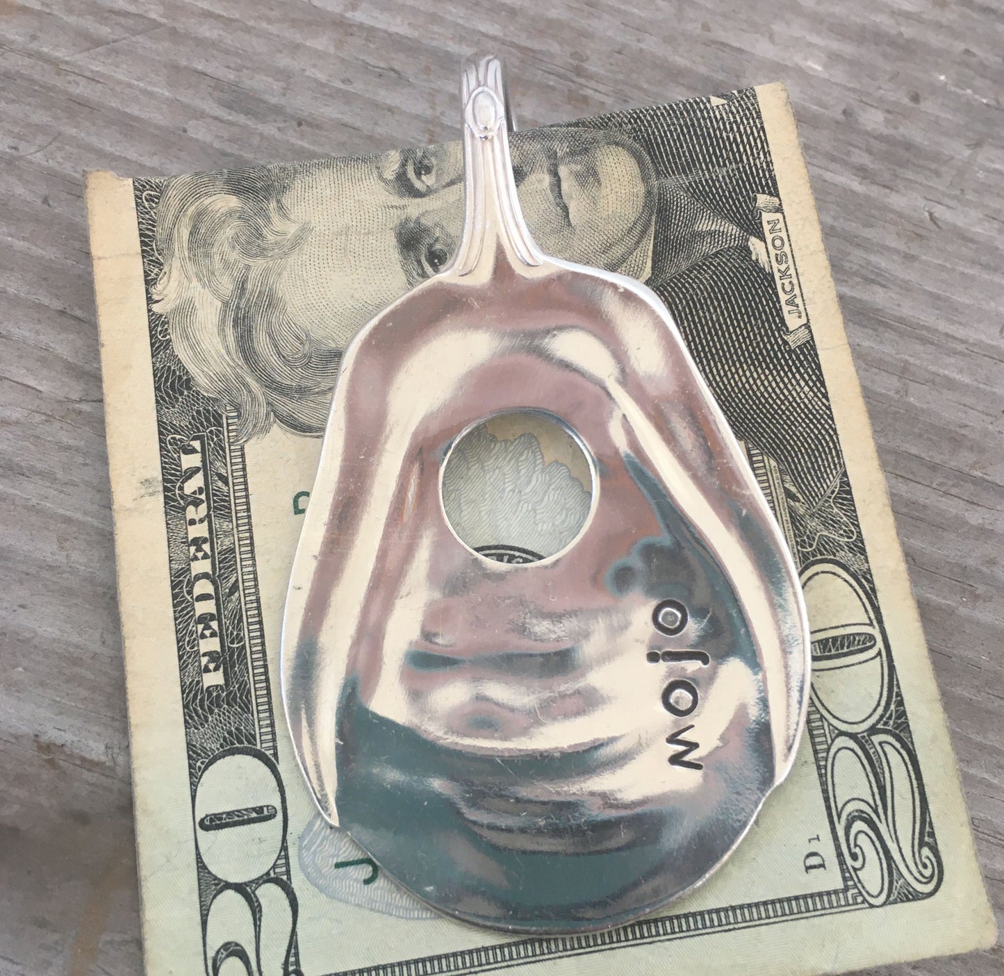 Vintage silverplate spoon money clip MOJO - guitar shape with sound hole cutout