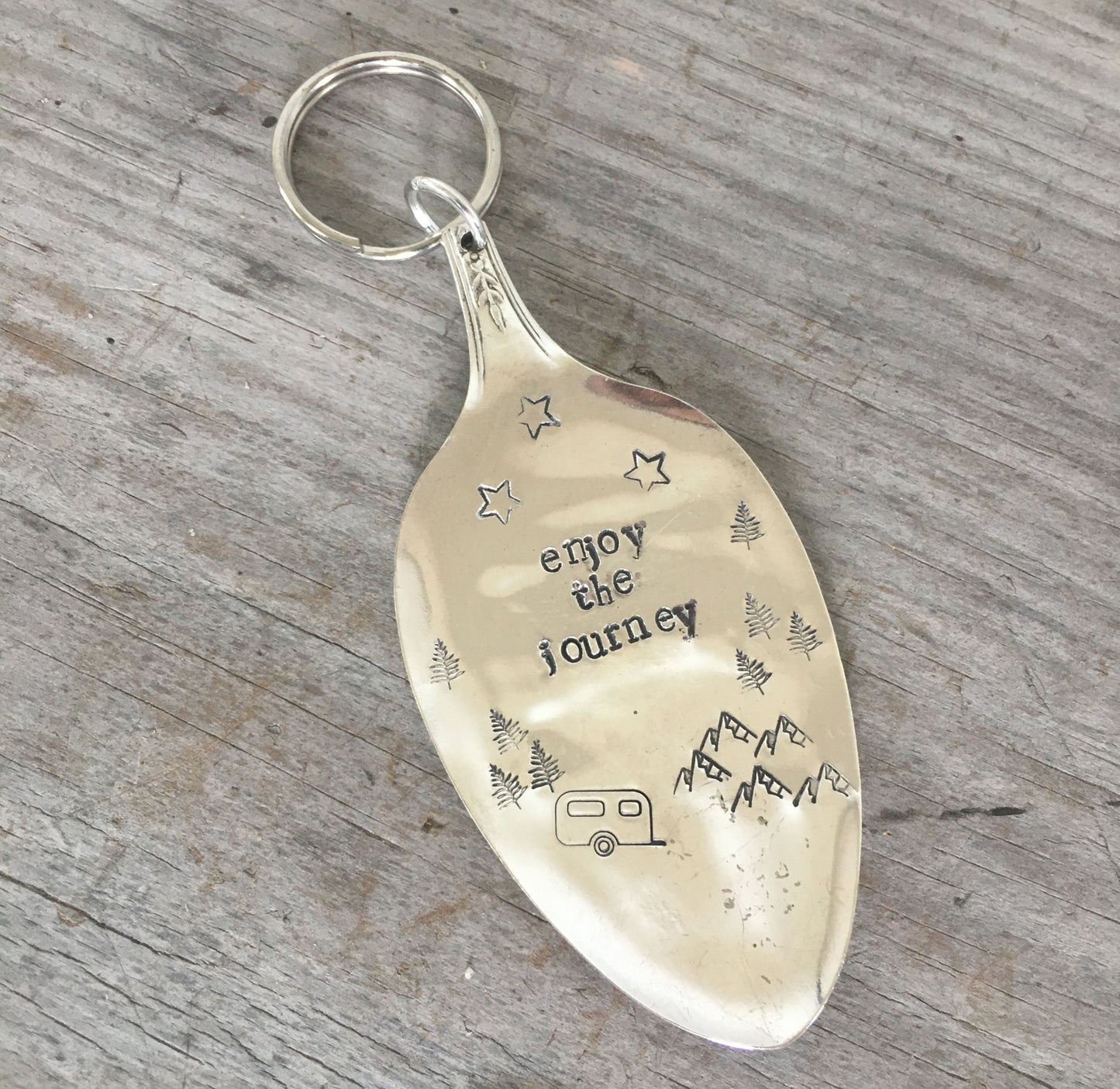 Enjoy the Journey hand-stamped spoon keychain handcrafted from upcycled vintage silverware