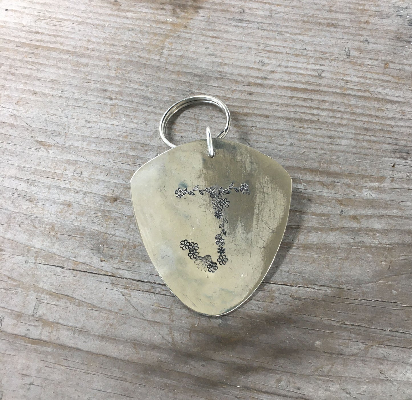 Floral Monogram Stamped Spoon Keychain "J"