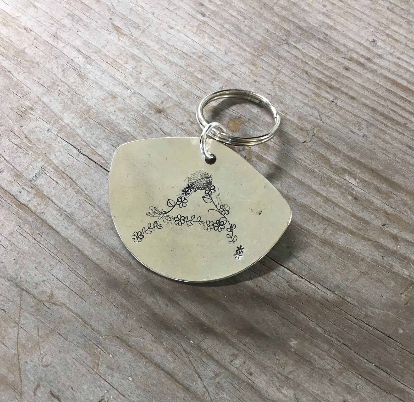 Floral monogram A hand-stamped spoon keychain handcrafted from upcycled vintage silverware personalized gift