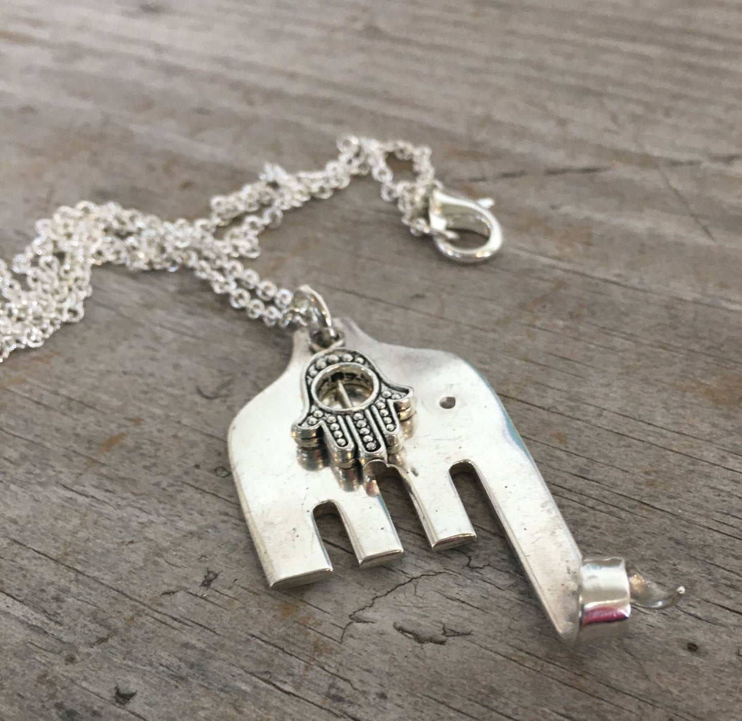 Fork Elephant Necklace with Hamsa Bead - #4575