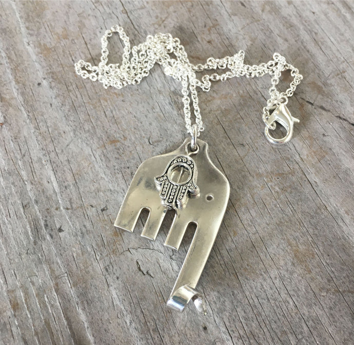 Fork Elephant Necklace with Hamsa Bead - #4575