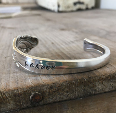Spoon Cuff Bracelet Hand Stamped BADASS Pattern Name Evening Star