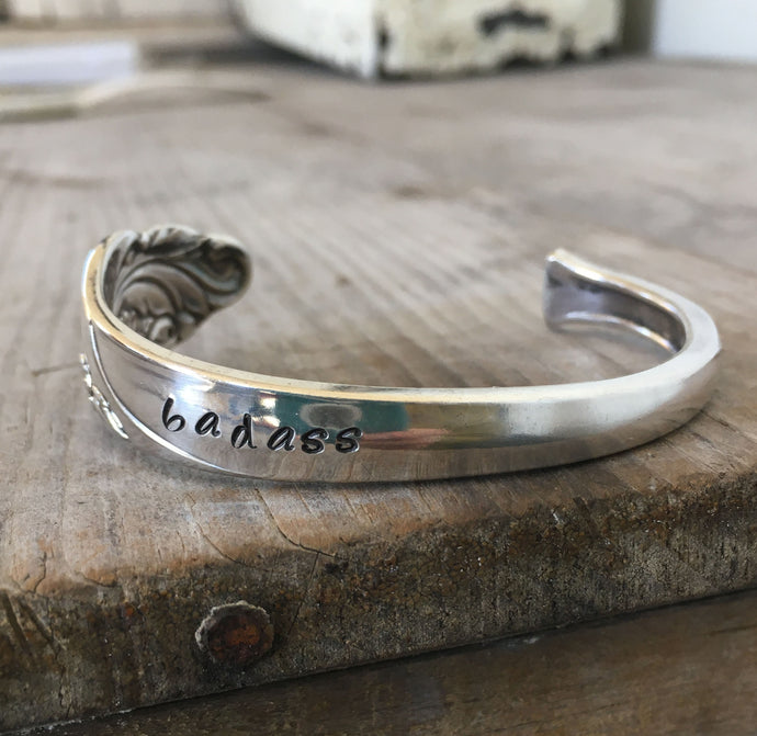 Spoon Cuff Bracelet Hand Stamped BADASS Pattern Name Evening Star