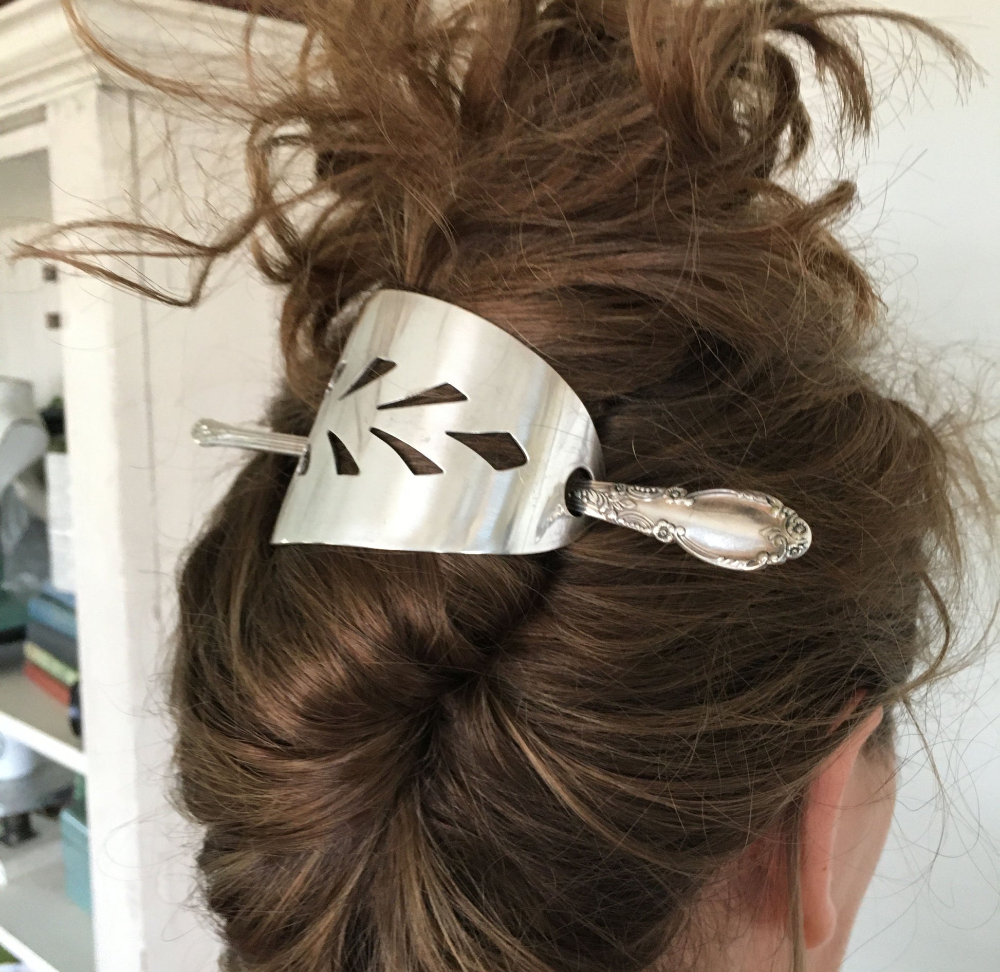 Upcycled Silverware Cake Server Stick Barrette Shown in Model Hair