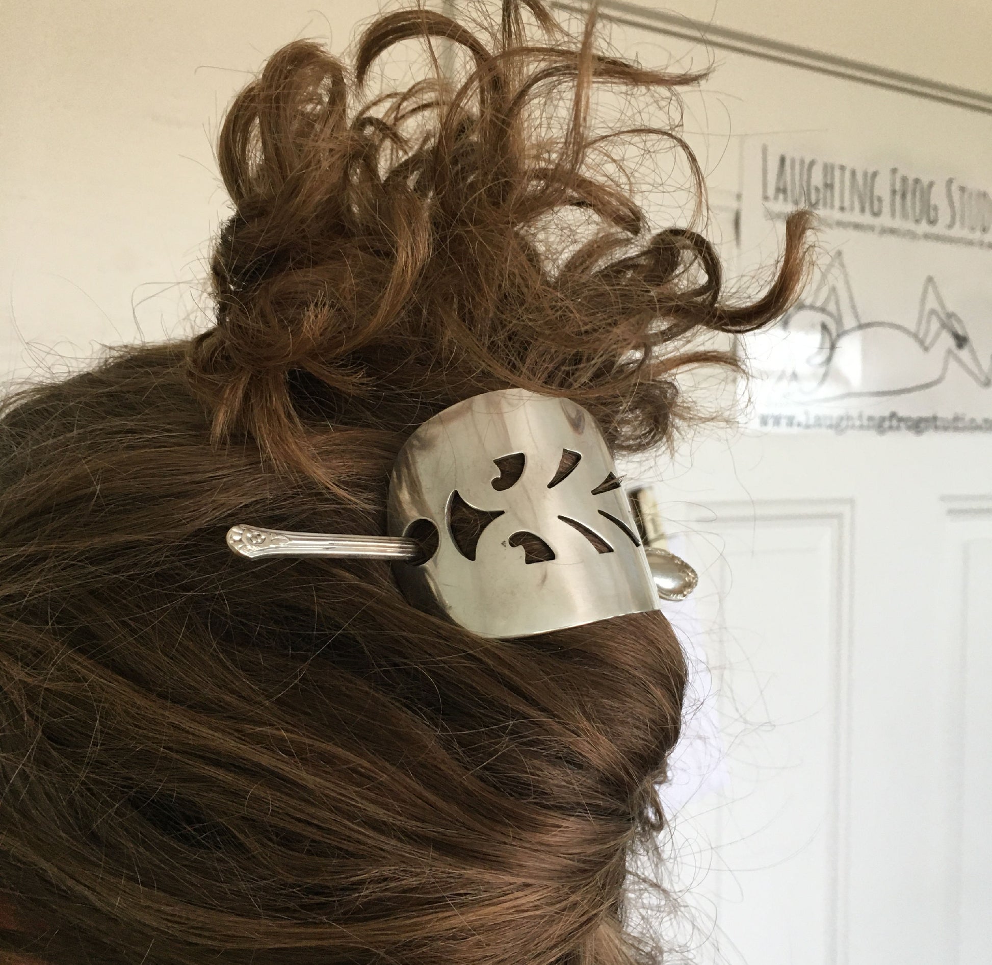 Eco Friendly Hair Accessory Cake Server Stick Barrette Shown in Model Hair