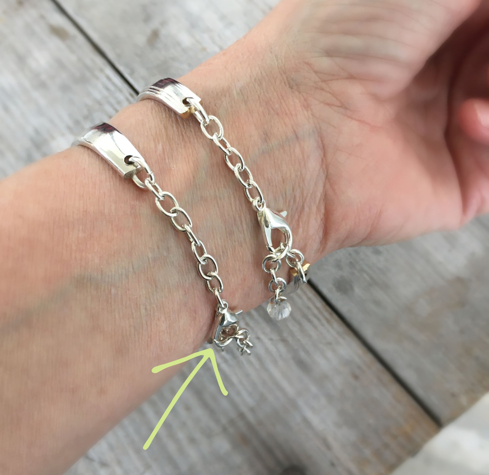 Clasp VIew of Upcycled Spoon Bracelet showing variable sizing