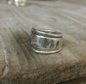 Hand stamped spoon ring size 7.5 with pine trees
