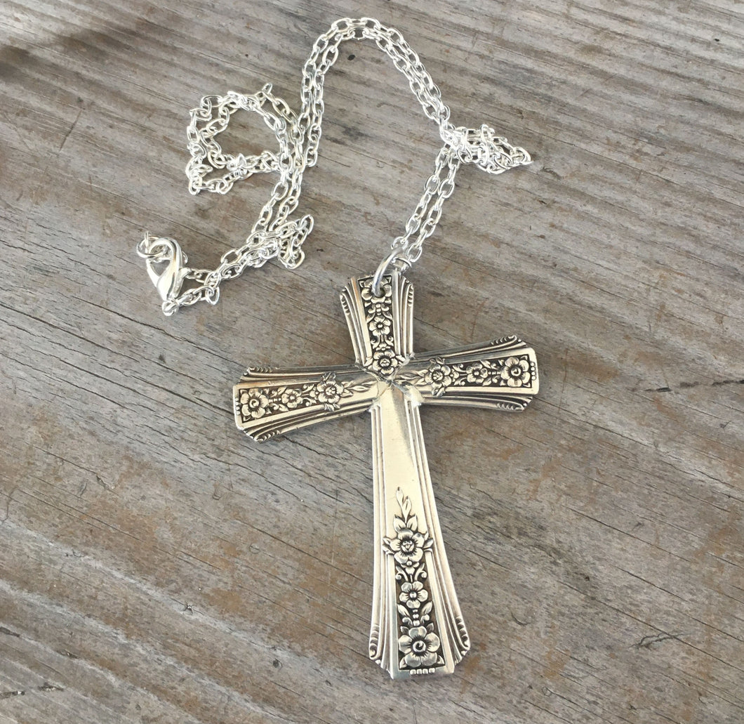 Cross necklace made from upcycled vintage silverplate spoon handles