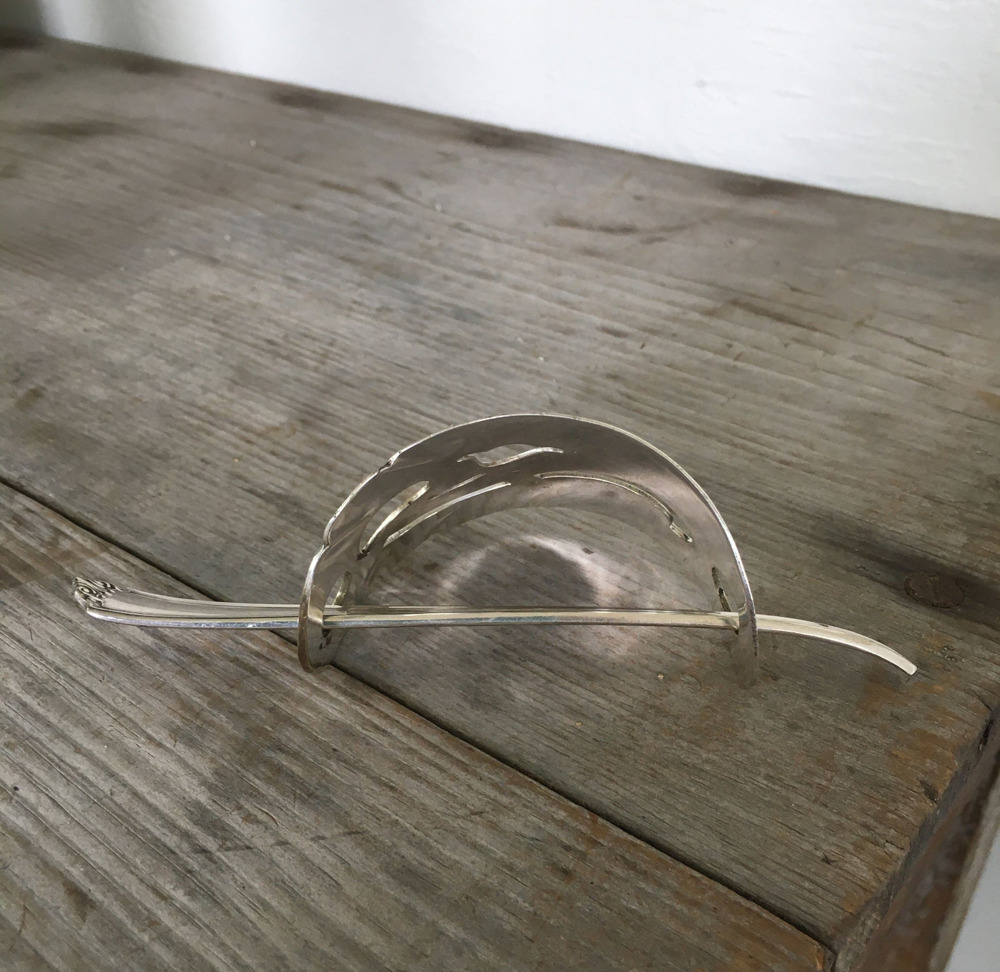Thickness view of Hair barrette Stick Barrette made from upcycled silverplate cake server