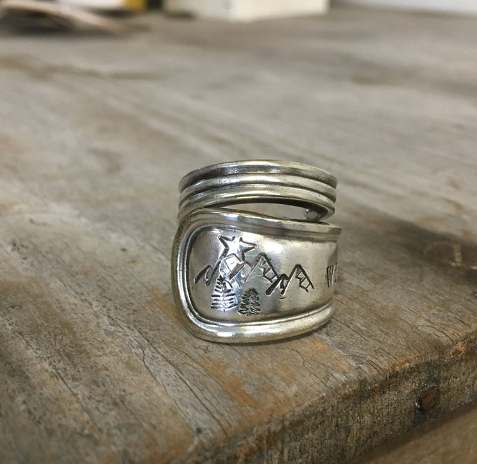 Hand stamped spoon ring with mountains and stars