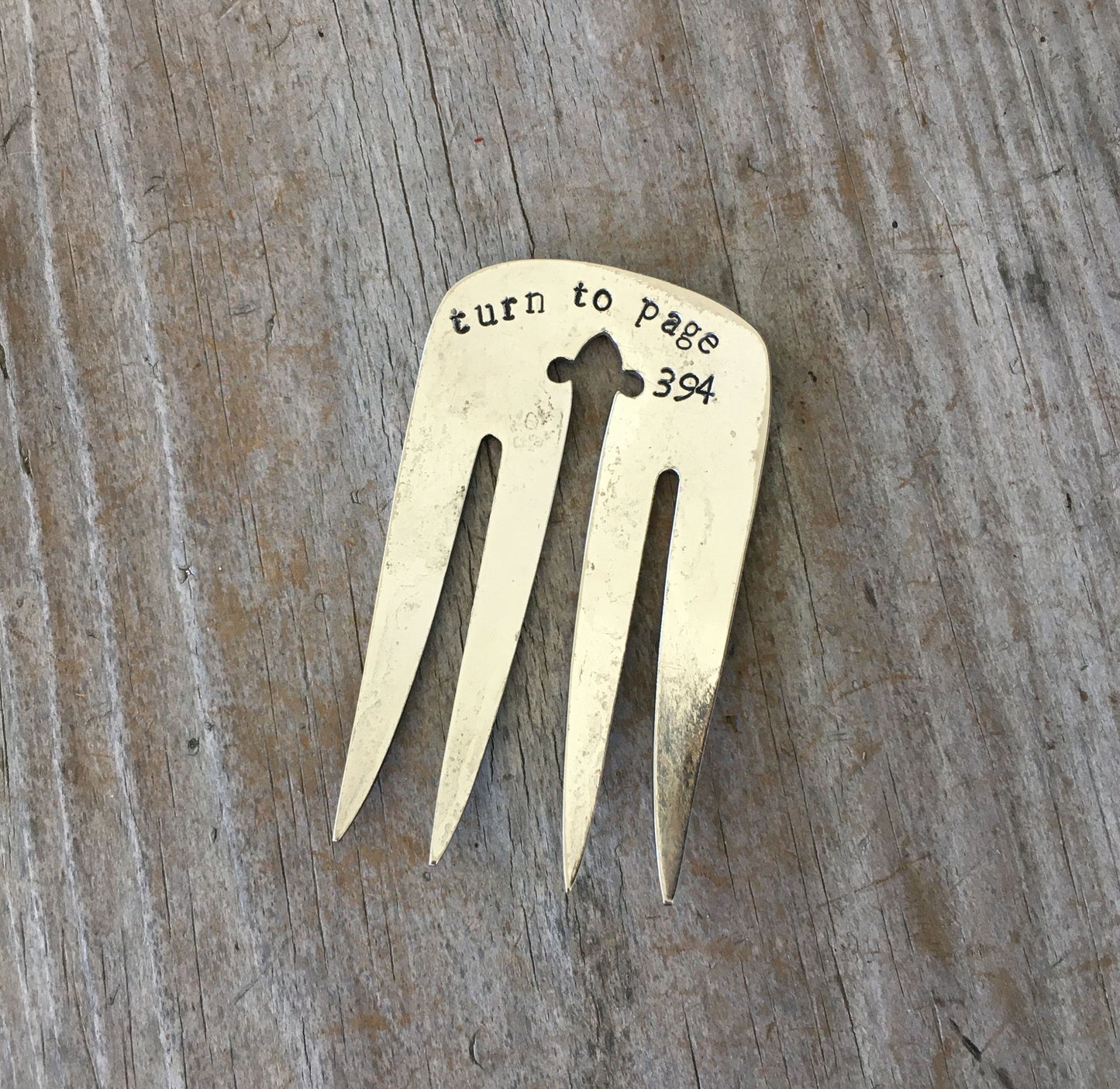 Upcycled vintage fork bookmark hand-stamped TURN TO PAGE 394 - Harry Potter inspired from silverware