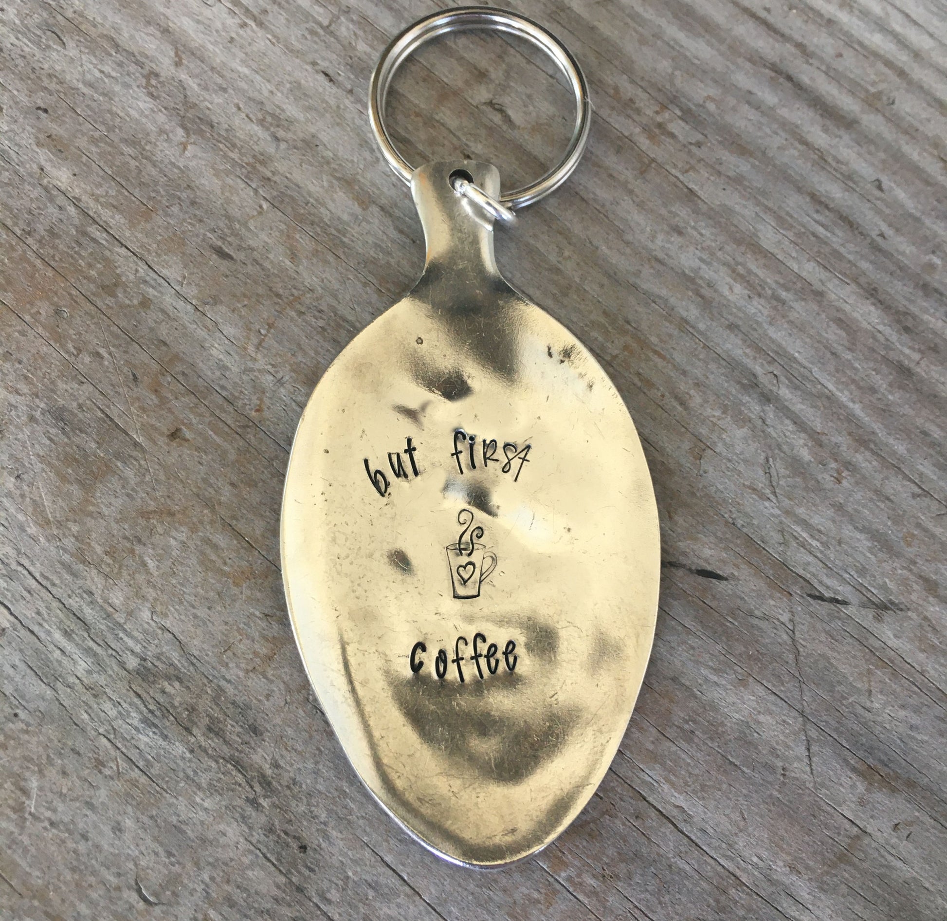 But First Coffee vintage spoon keychain handcrafted from upcycled antique silverware coffee enthusiast gift