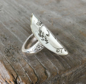 Side view detail of Hand Stamped Spoon Ring of Woman's Face from Upcycled Silverware