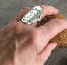 Stamped Spoon Ring of Woman's Face from Upcycled Silverware Shown on Model
