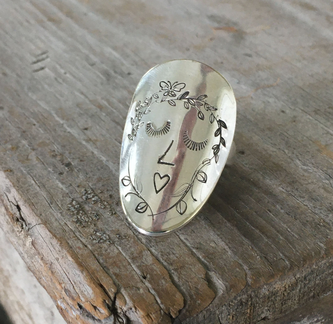 Stamped Spoon Ring of Woman's Face from Upcycled Silverware