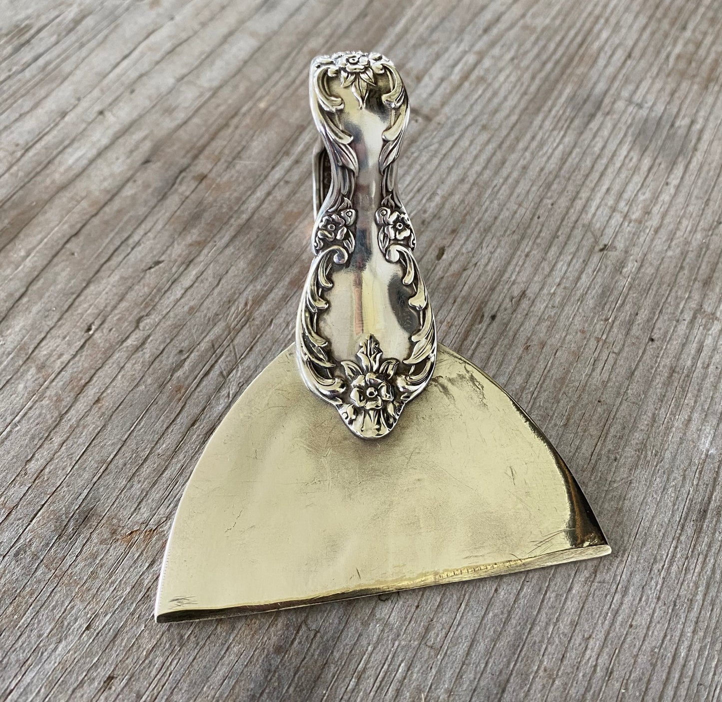Gorgeous Detail View of ergonomic cheese knife made from an upcycled vintage spoon