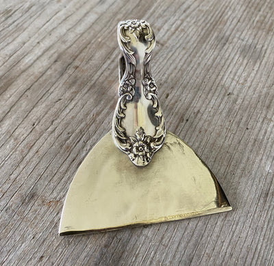 Gorgeous Detail View of ergonomic cheese knife made from an upcycled vintage spoon