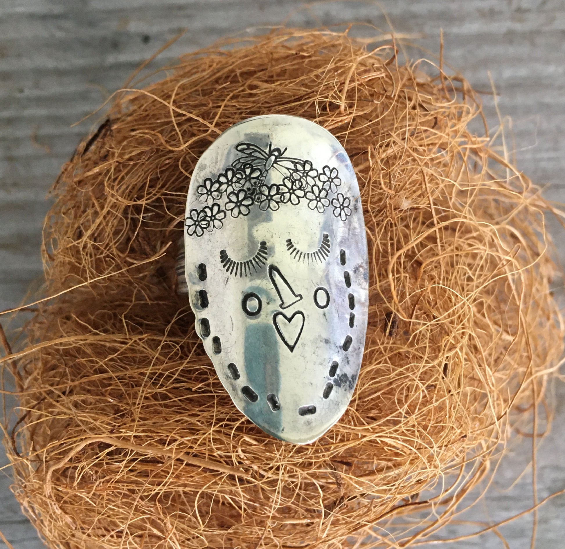 Hand-stamped Ellery statement ring - nature-inspired vintage silverware jewelry