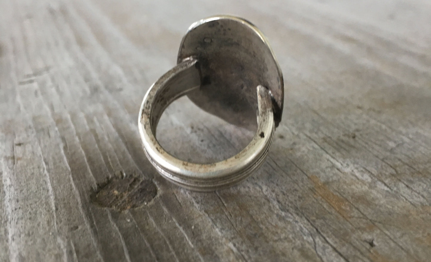Construction view of Hand-stamped Ellery statement ring - nature-inspired vintage silverware jewelry