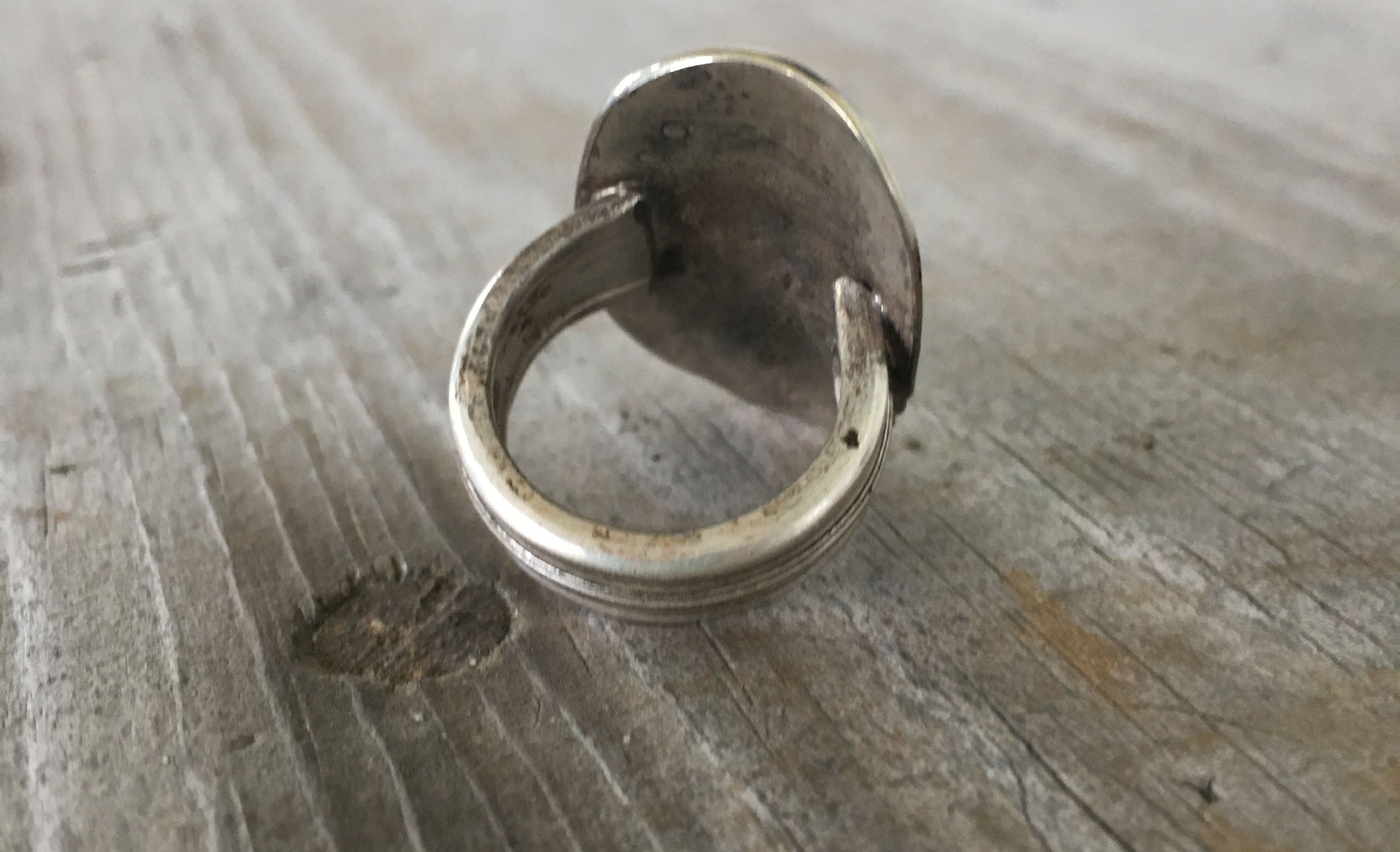 Construction view of Hand-stamped Ellery statement ring - nature-inspired vintage silverware jewelry