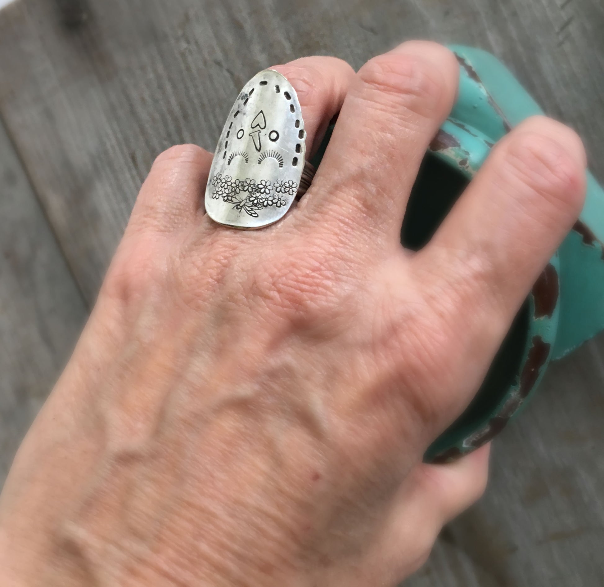 Artisan Ellery spoon ring - one-of-a-kind upcycled silverplate with dragonfly detail shown on hand