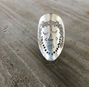 Stamped Spoon Ring of a Lady's Face Upcycled Silverware Jewelry