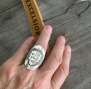 Hand Stamped Spoon Ring of a Lady's Face Upcycled Silverware Jewelry Shown On Model