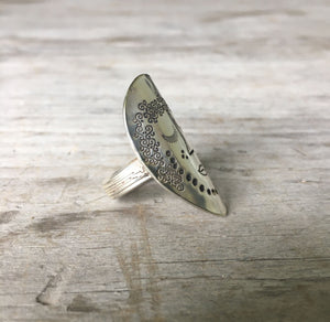Side view of Stamped Spoon Ring of a Lady's Face Upcycled Silverware Jewelry
