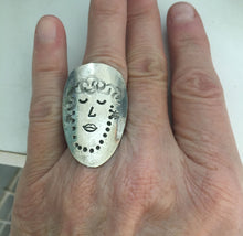Hand Stamped Lady Face Spoon Ring Shown on Model Hand
