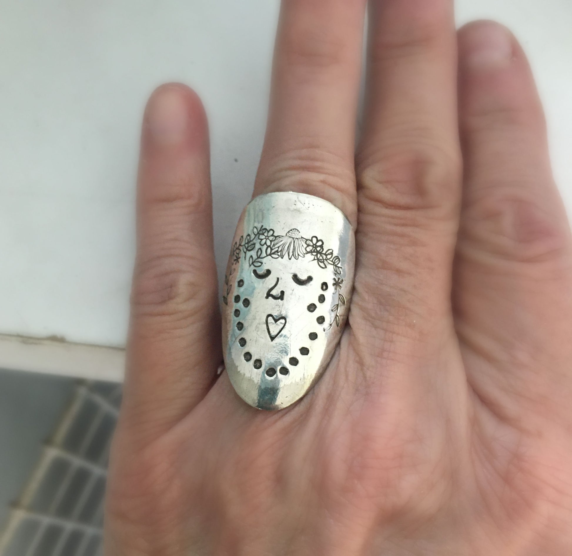 Stamped Spoon Ring Artisan Earthy Lady Face Size 8 Shown On Model