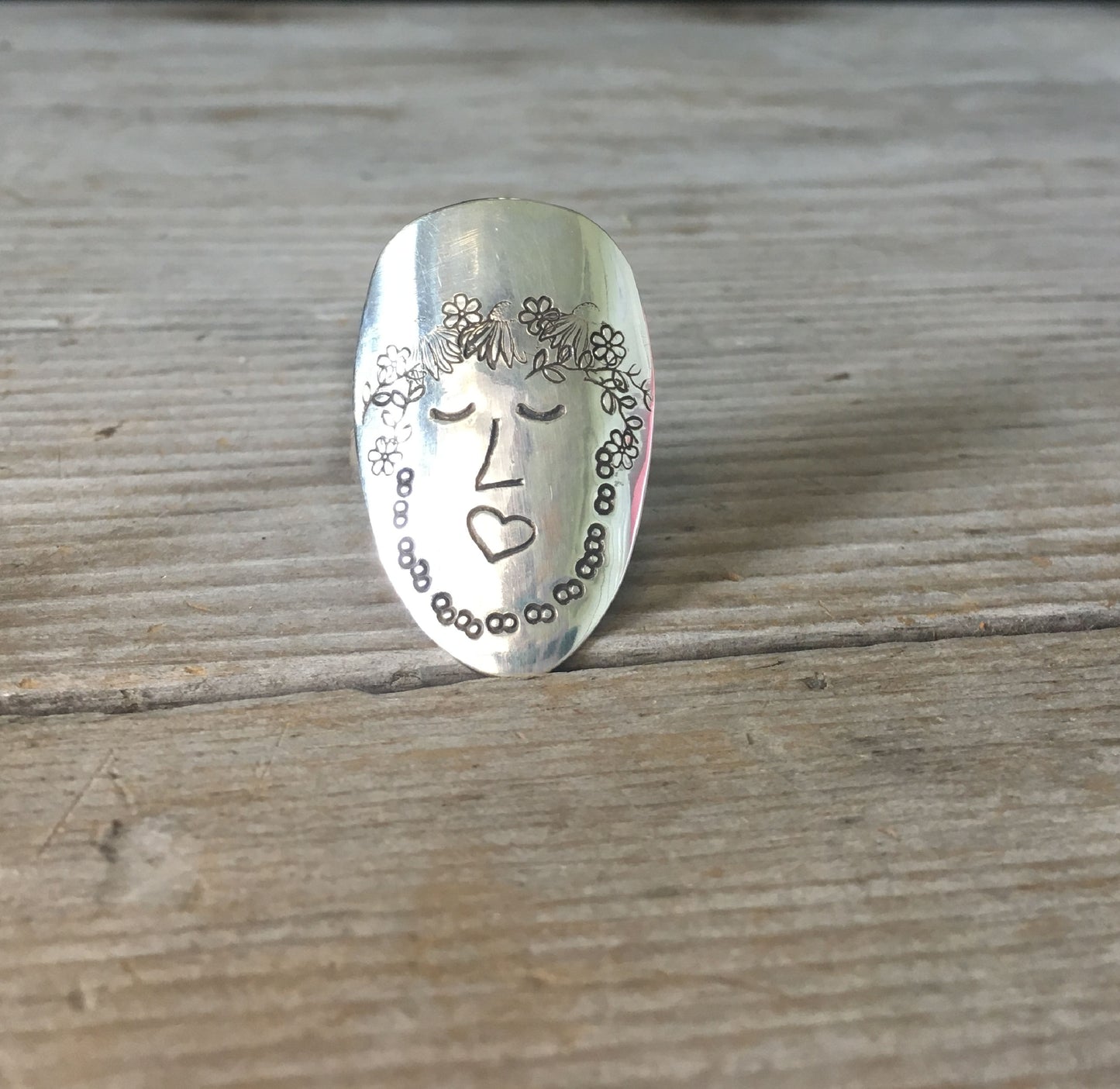 Women of Nature spoon ring - Sage design size 9.0 - handcrafted artisan silverware jewelry with hand-stamped design