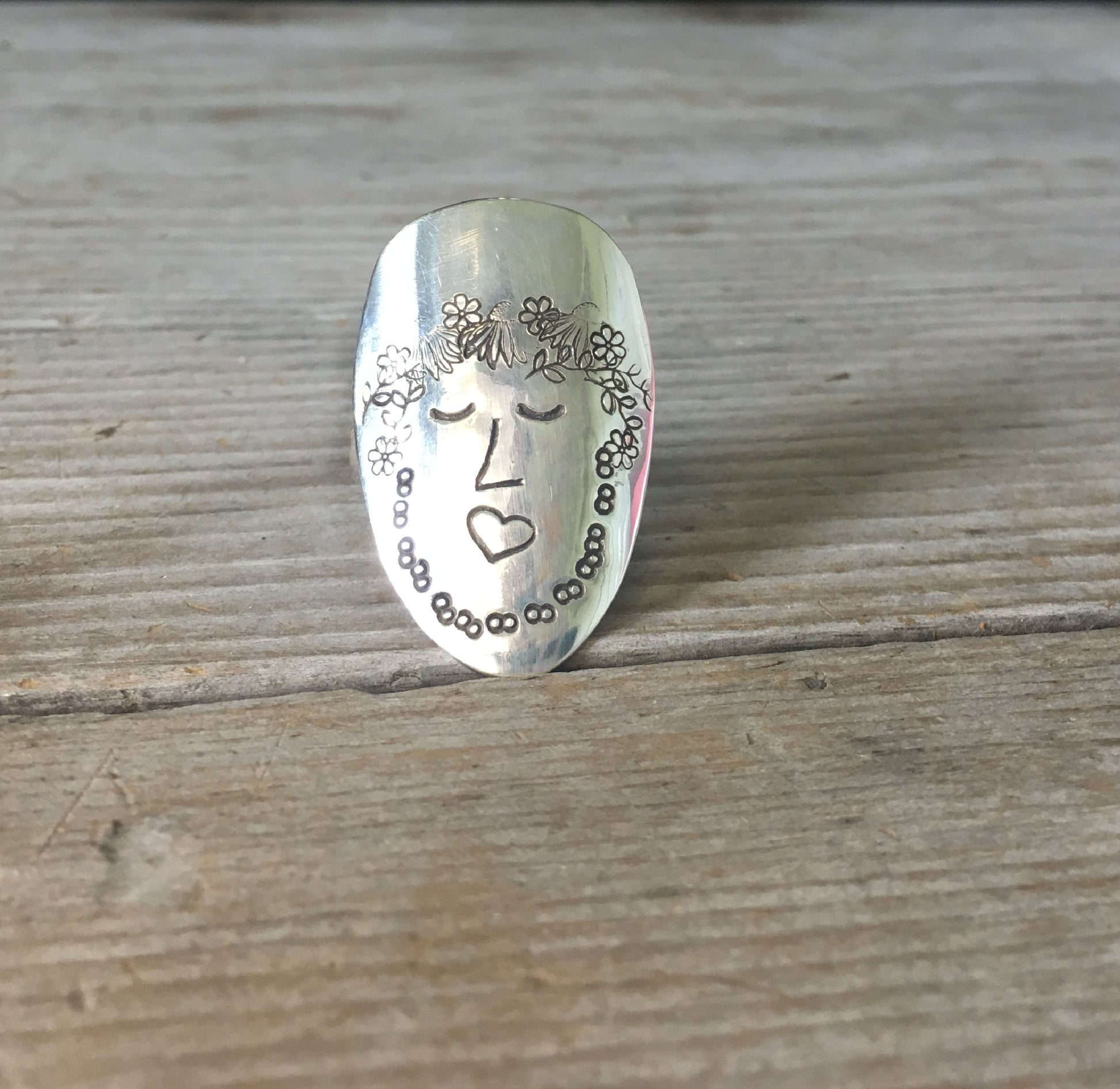 Women of Nature spoon ring - Sage design size 9.0 - handcrafted artisan silverware jewelry with hand-stamped design