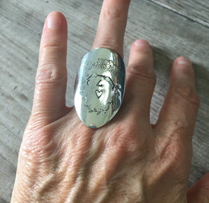 Women of Nature Hand Stamped Spoon Ring from Upcycled Silverware Shown on Model