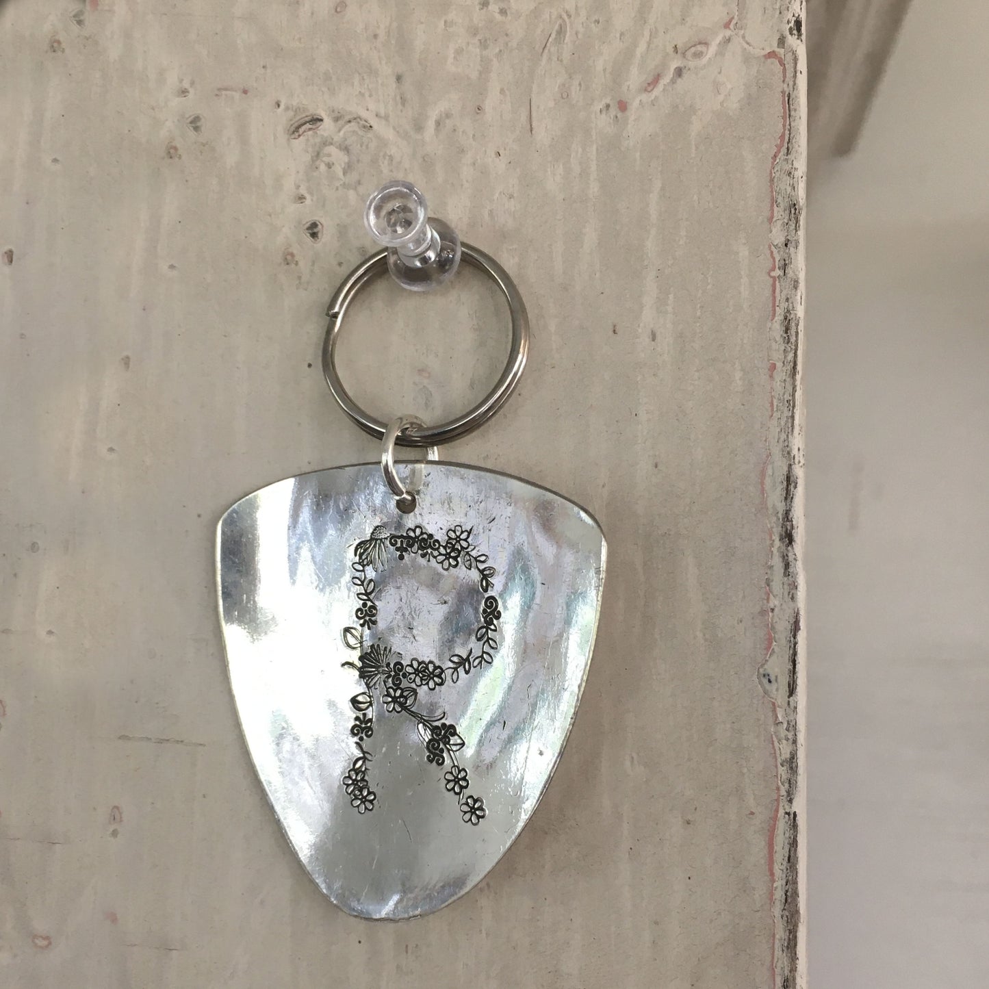 Floral Monogram Stamped Spoon Keychain "R"