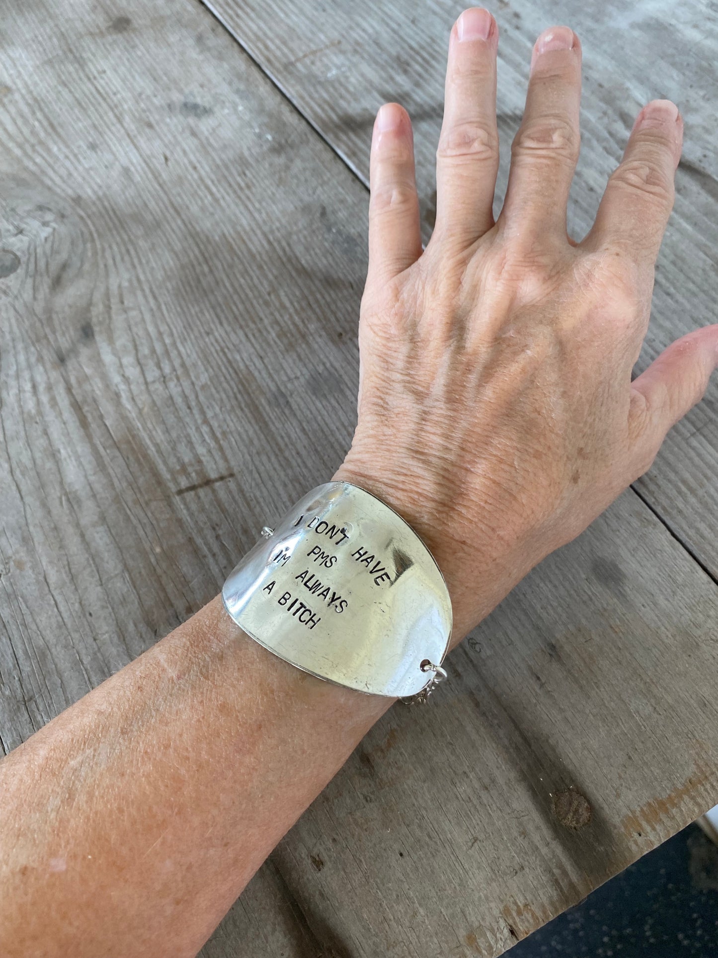 Stamped Spoon Bracelet I Don't have PMS I'm Always a Bitch Shwon on Model