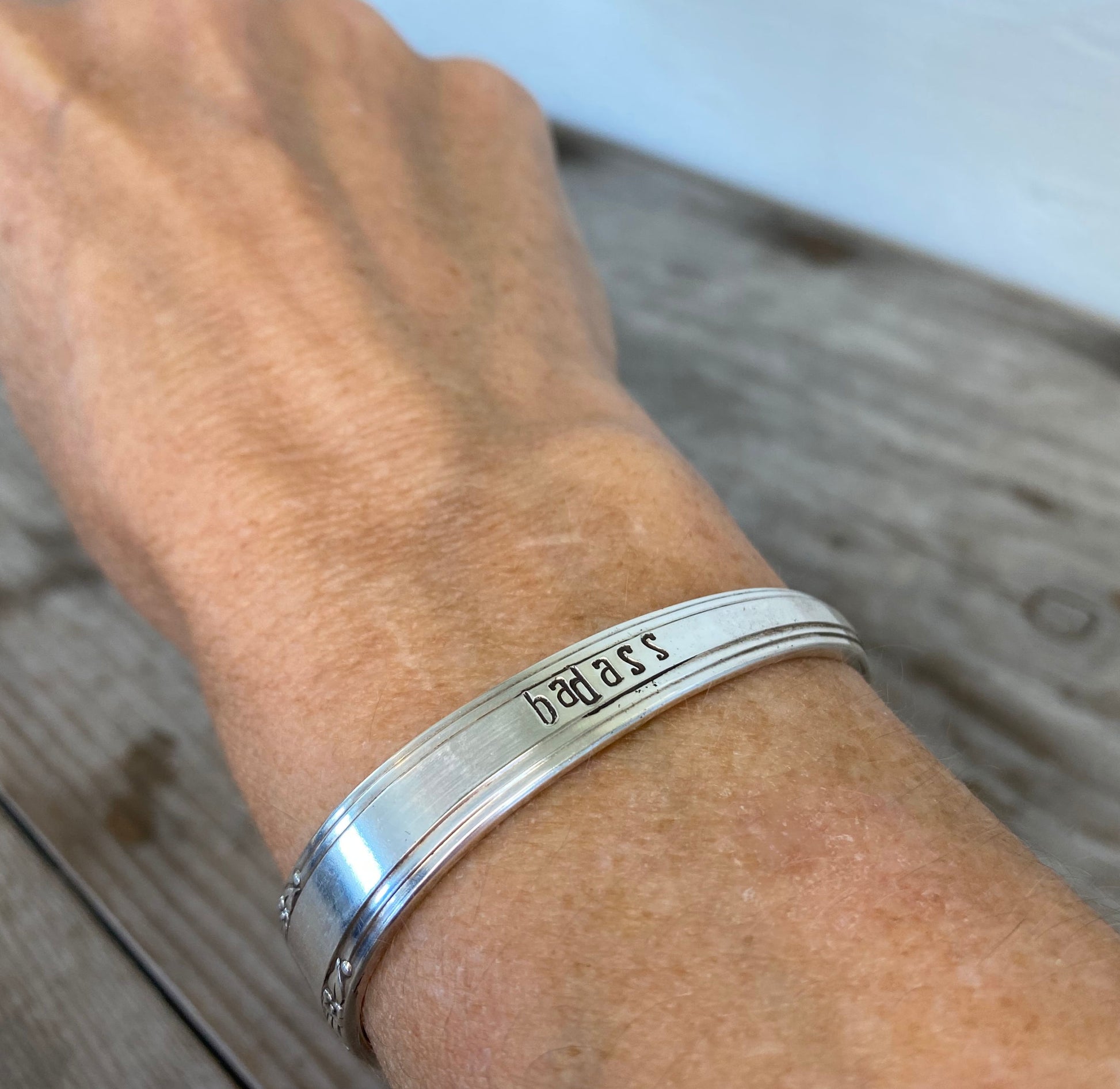 Spoon Cuff Bracelet Handstamped with word BADASS Shown on Model